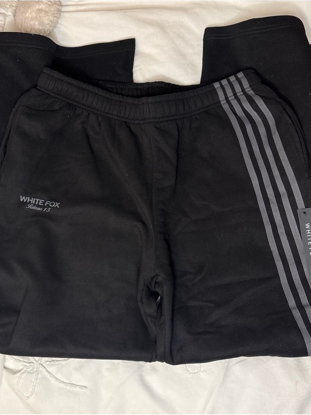 White Fox Boutique Black Track Joggers with Gray Side Stripes
